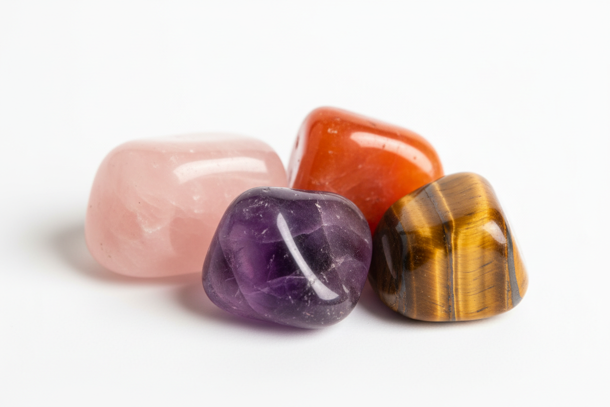COMBO OF Amethyst, Rose Quartz, Carnelian and Tiger Eye tumble stone