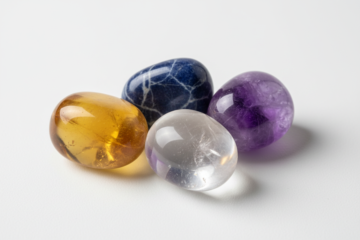 a combo of 4 tumble stones of citrine, sodalite, amethyst & clear crystal