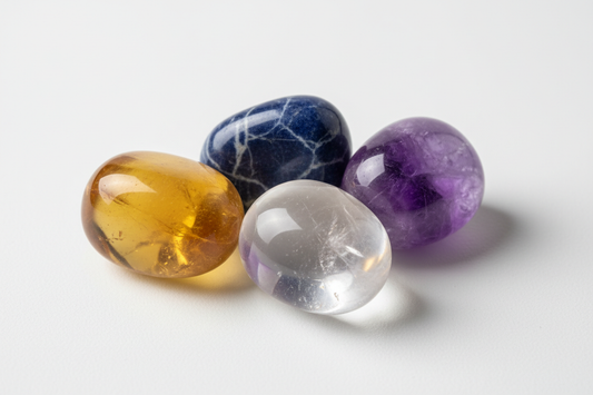 a combo of 4 tumble stones of citrine, sodalite, amethyst & clear crystal